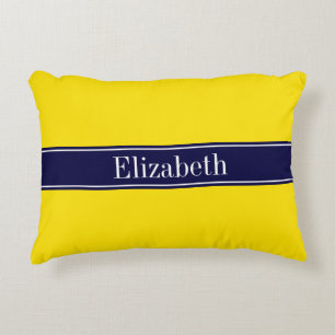 Solid Yellow, Navy Blue Ribbon Name Monogram Accent Pillow