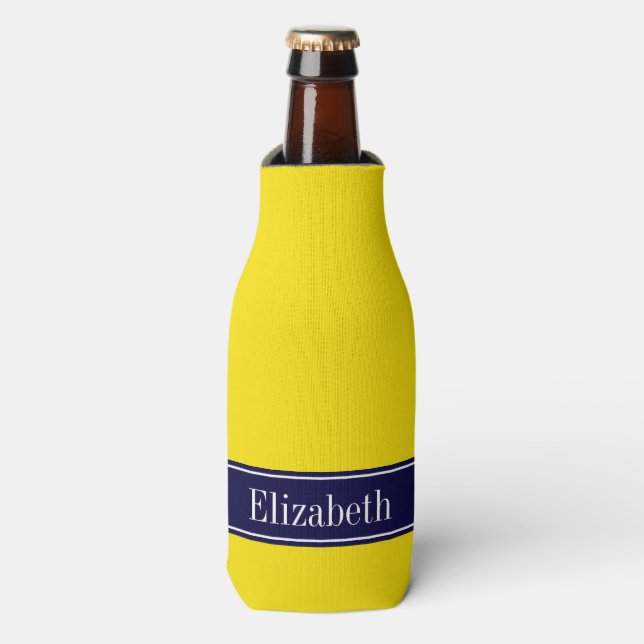 Solid Yellow, Navy Blue Ribbon Name Monogram Bottle Cooler (Bottle Front)