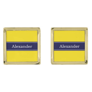 Solid Yellow, Navy Blue Ribbon Name Monogram Gold Cufflinks