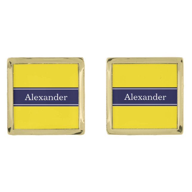 Solid Yellow, Navy Blue Ribbon Name Monogram Gold Cufflinks (Front)