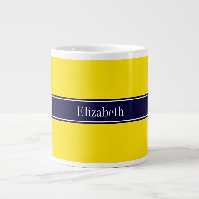 Solid Yellow, Navy Blue Ribbon Name Monogram Large Coffee Mug (Front)