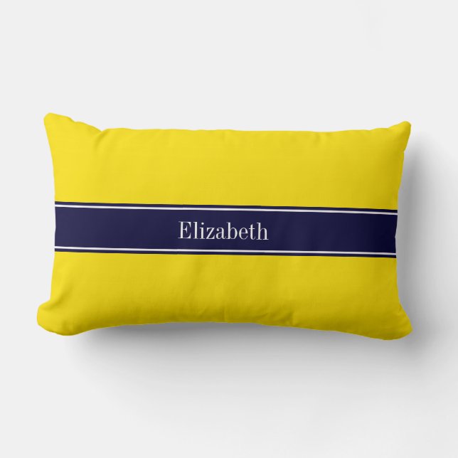 Solid Yellow, Navy Blue Ribbon Name Monogram Lumbar Pillow (Front)
