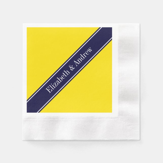 Solid Yellow, Navy Blue Ribbon Name Monogram Napkins (Front)