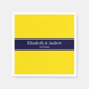 Solid Yellow, Navy Blue Ribbon Name Monogram Paper Napkins