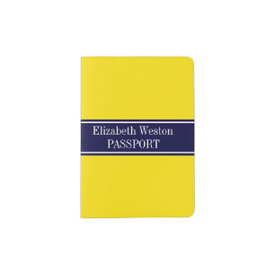 Solid Yellow, Navy Blue Ribbon Name Monogram Passport Holder