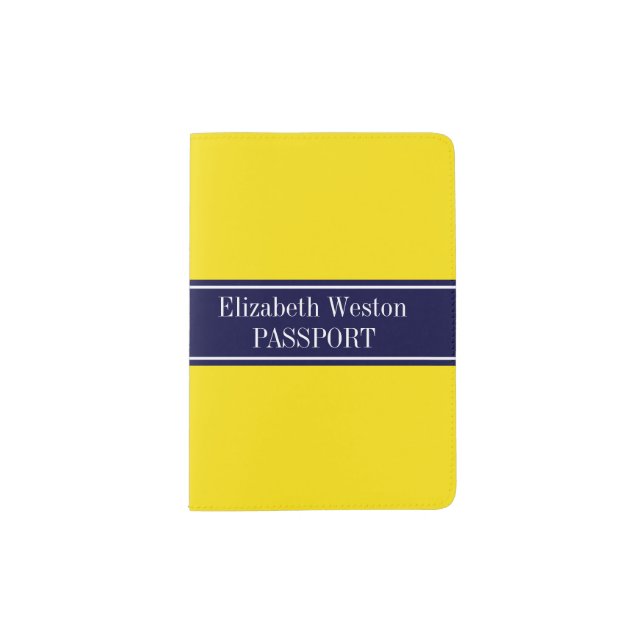 Solid Yellow, Navy Blue Ribbon Name Monogram Passport Holder (Front)