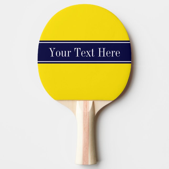 Solid Yellow, Navy Blue Ribbon Name Monogram Ping-Pong Paddle (Front)