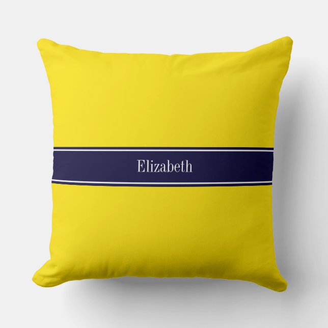 Solid Yellow, Navy Blue Ribbon Name Monogram Throw Pillow (Front)