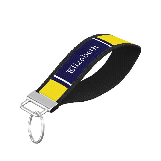 Solid Yellow, Navy Blue Ribbon Name Monogram Wrist Keychain (Angled Down)