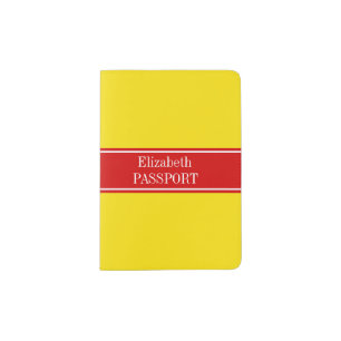 Solid Yellow, Red Ribbon Name Monogram Passport Holder