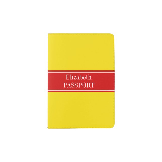 Solid Yellow, Red Ribbon Name Monogram Passport Holder (Front)