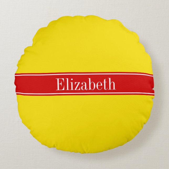 Solid Yellow, Red Ribbon Name Monogram Round Pillow (Front)