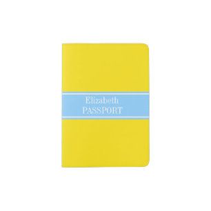 Solid Yellow, Sky Blue Ribbon Name Monogram Passport Holder