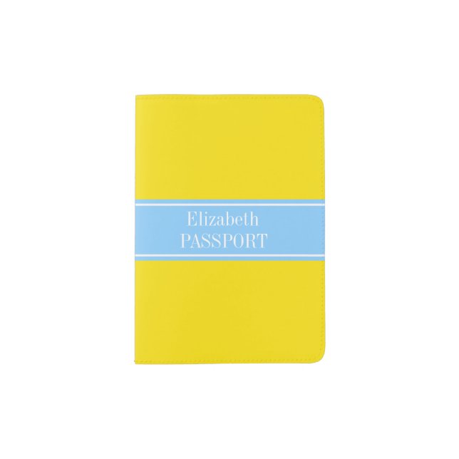 Solid Yellow, Sky Blue Ribbon Name Monogram Passport Holder (Front)