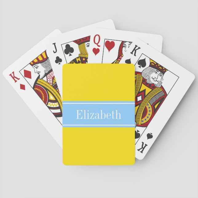Solid Yellow, Sky Blue Ribbon Name Monogram Poker Cards (Back)