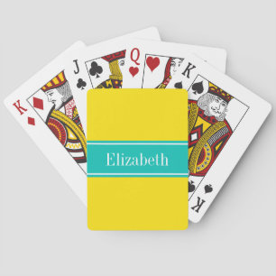 Solid Yellow, Teal Ribbon Name Monogram Poker Cards
