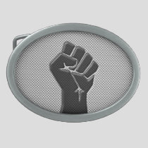 Solidarity Fist in Carbon Fiber Style Oval Belt Buckle
