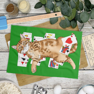 Solitaire Funny Orange Tabby Cat Playing Cards Kitchen Towel