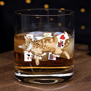 Solitaire Funny Orange Tabby Cat Playing Cards Whiskey Glass