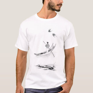 “Solitary Boat in Mist – Chinese Ink Wash Art” T-Shirt