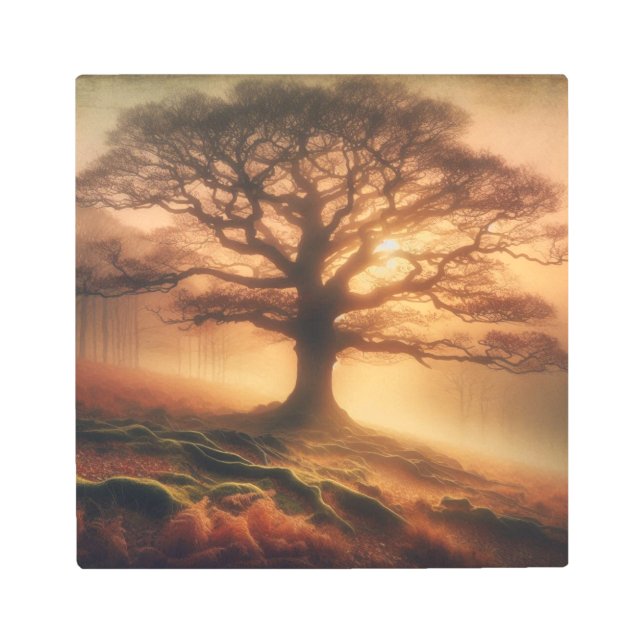 Solitary Fogbound Oak with Autumn Mist Glow Metal Print (Front)