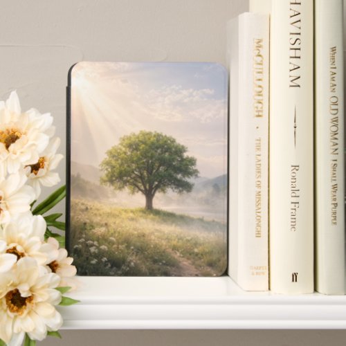 Solitary Green Tree in Mist with Sunbeams Kindle Cover