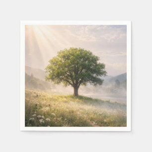 Solitary Green Tree in Mist with Sunbeams Napkins