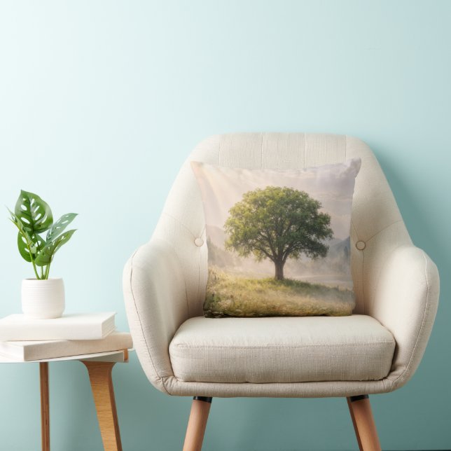 Solitary Green Tree with Sunbeams Throw Pillow (Chair)