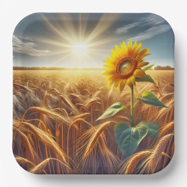 Solitary Sunflower In Wheat Field  Paper Plates (Front)