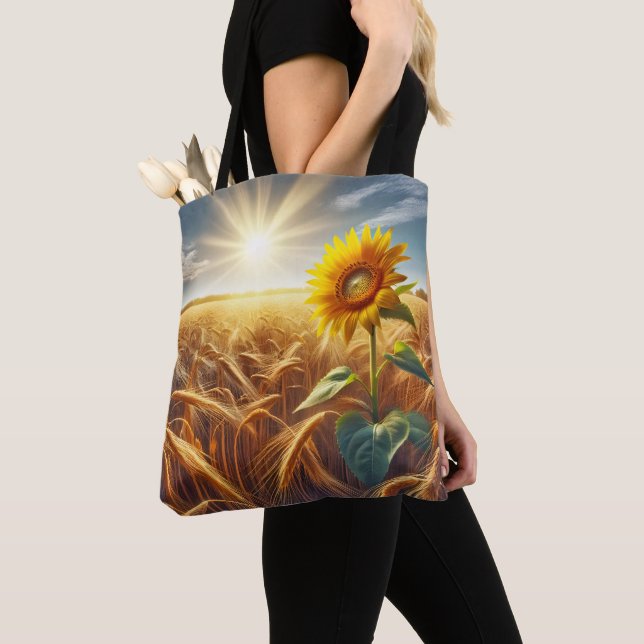 Solitary Sunflower In Wheat Field  Tote Bag (Close Up)