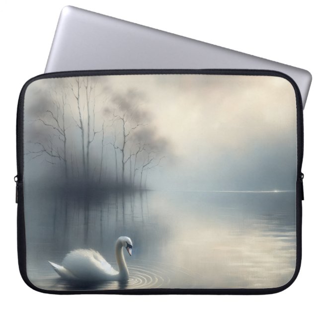 Solitary Swan on Misty Lake Laptop Sleeve (Front)
