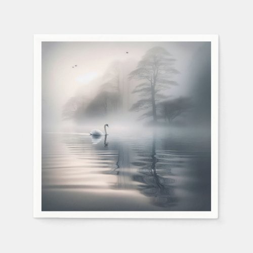 Solitary Swan On Misty Morning Lake Napkins