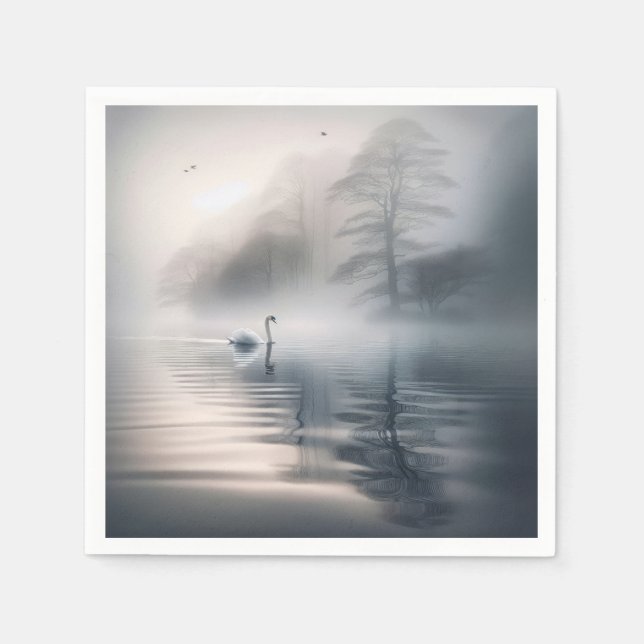 Solitary Swan On Misty Morning Lake Napkins (Front)