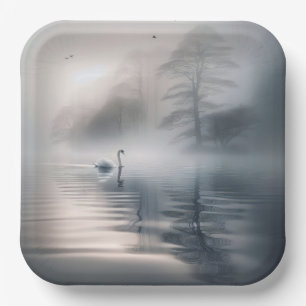 Solitary Swan On Misty Morning Lake Paper Plates