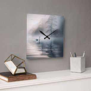 Solitary Swan On Misty Morning Lake Square Wall Clock