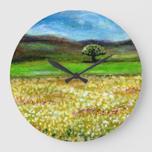 SOLITARY TREE IN THE GREEN YELLOW FLOWER FIELD LARGE CLOCK
