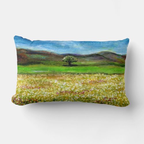 SOLITARY TREE IN THE GREEN YELLOW FLOWER FIELD LUMBAR PILLOW
