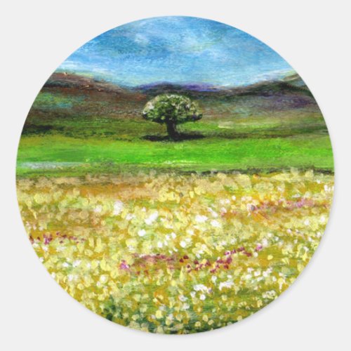 SOLITARY TREE IN THE YELLOW FLOWER FIELDTUSCANY CLASSIC ROUND STICKER