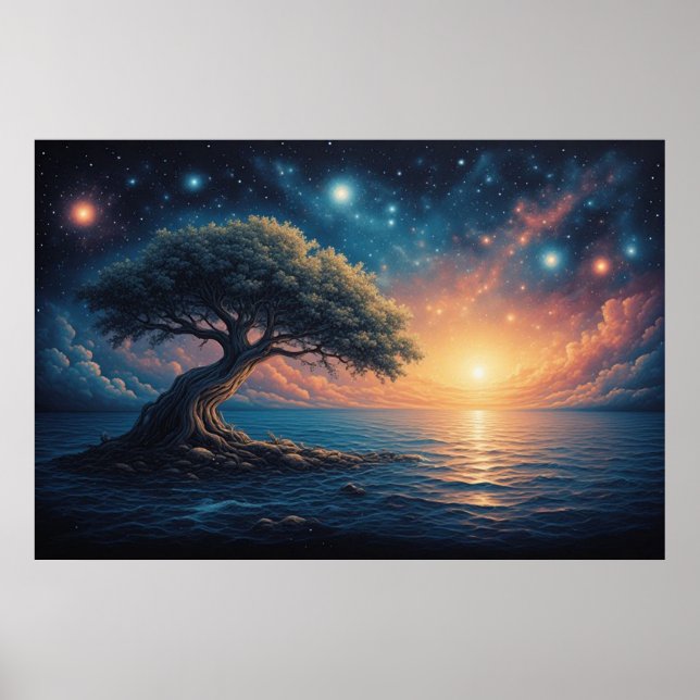 Solitary Tree on Ocean at Sunset 🌅 Starry Fantasy Poster (Front)