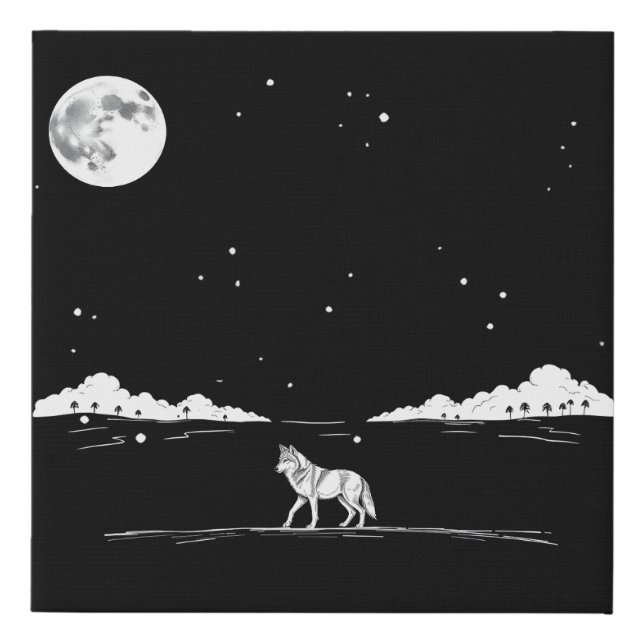 Solitary Wolf Starry Night Tranquil Artwork Faux Canvas Print (Front)