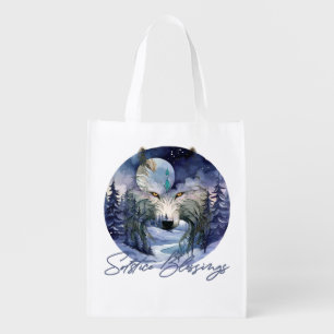 Solstice Blessings Winter Wolf Moonlight Woods Grocery Bag