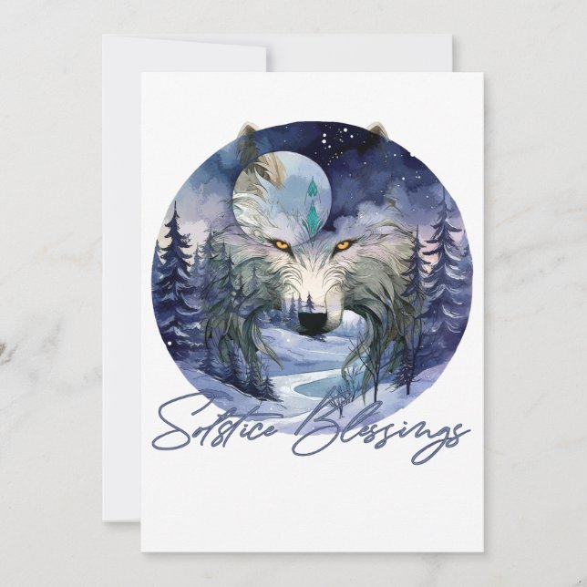 Solstice Blessings Winter Wolf Moonlight Woods Holiday Card (Front)