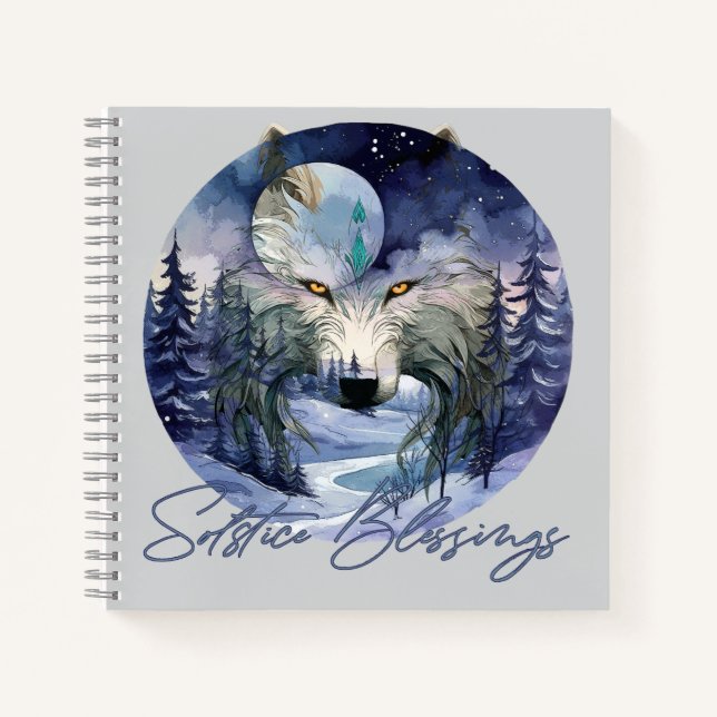 Solstice Blessings Winter Wolf Moonlight Woods Notebook (Front)