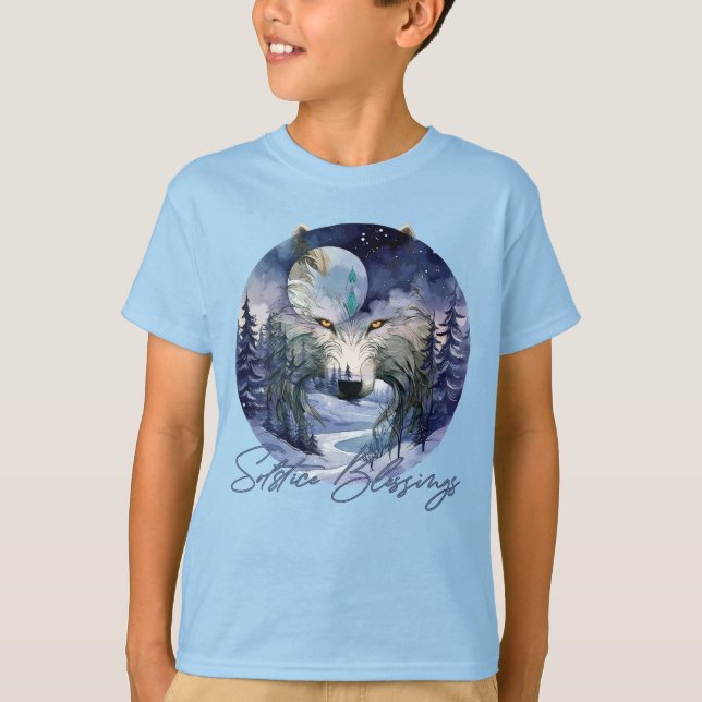 Solstice Blessings Winter Wolf Moonlight Woods T-Shirt (Front)