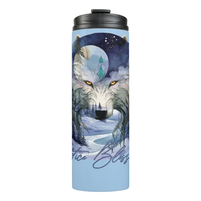 Solstice Blessings Winter Wolf Moonlight Woods Thermal Tumbler (Front)