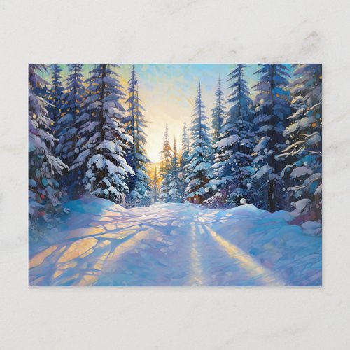 Solstice morning in a snowy forest for Christmas Postcard