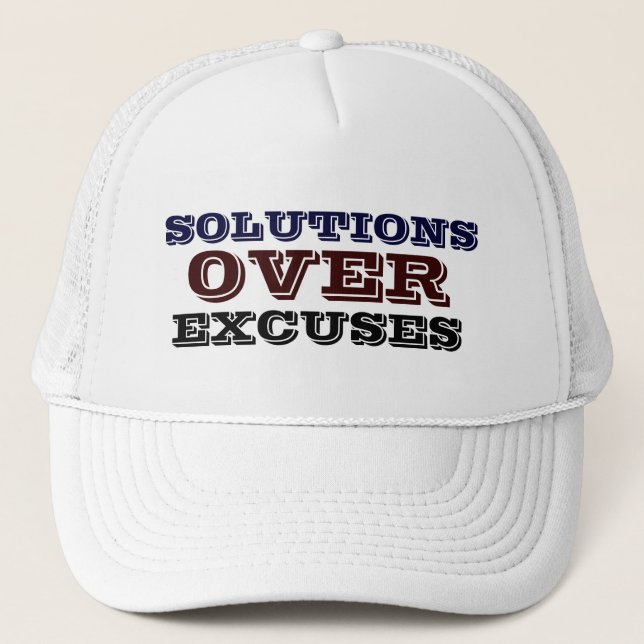 Solutions Over Excuses Men's - Women's White Hat. Trucker Hat (Front)