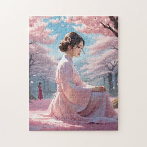 Solving Cherry Petals Sakura  Kawaii Asian Women Jigsaw Puzzle