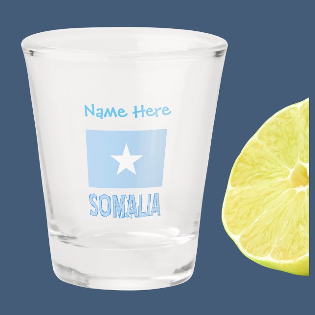Somalia Somali Flag Blue Personalization  Shot Glass (Shot glass with the Somali flag and the word SOMALIA below in flag colors. Add a name above.)