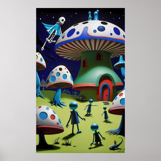Somber Evening Over Mushroom Town Fantasy Poster (Front)